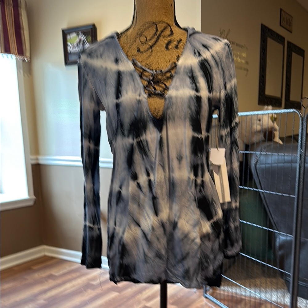 Size medium blue and white tie dye top with lace up v neckand hood
